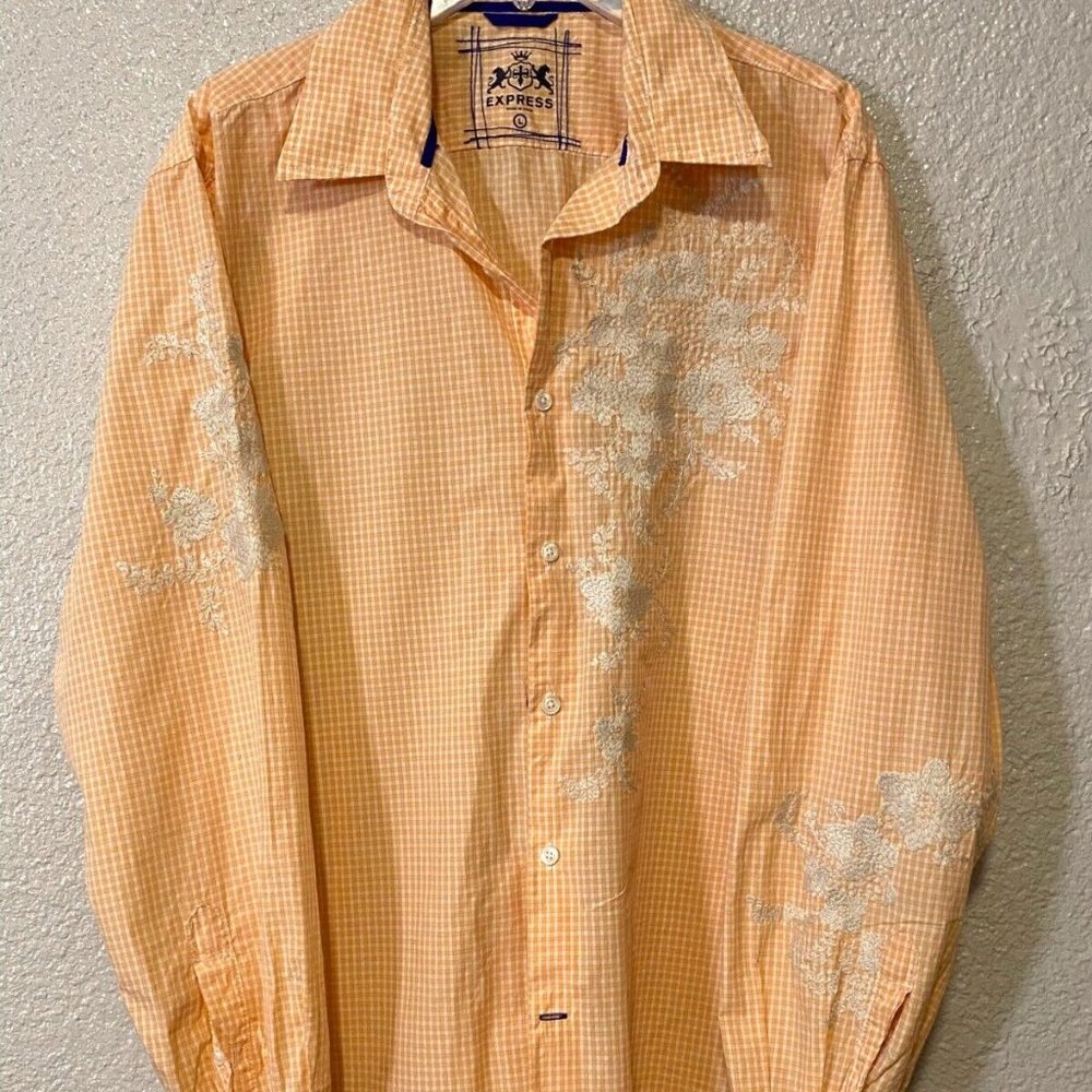 EXPRESS Mens Button up Mini Checked Embroidered Floral Shirt Size L